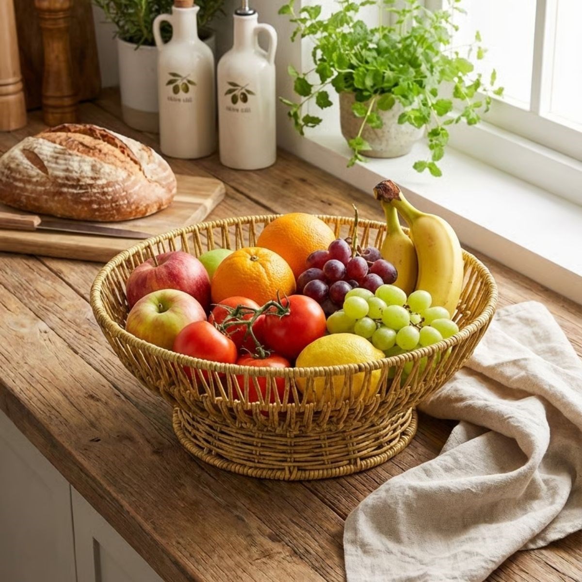 31 cm Plastik Rattan Servis Çanağı – Doğal Hasır Görünümlü Dekoratif Meyve, Ekmek ve Sunum Kasesi