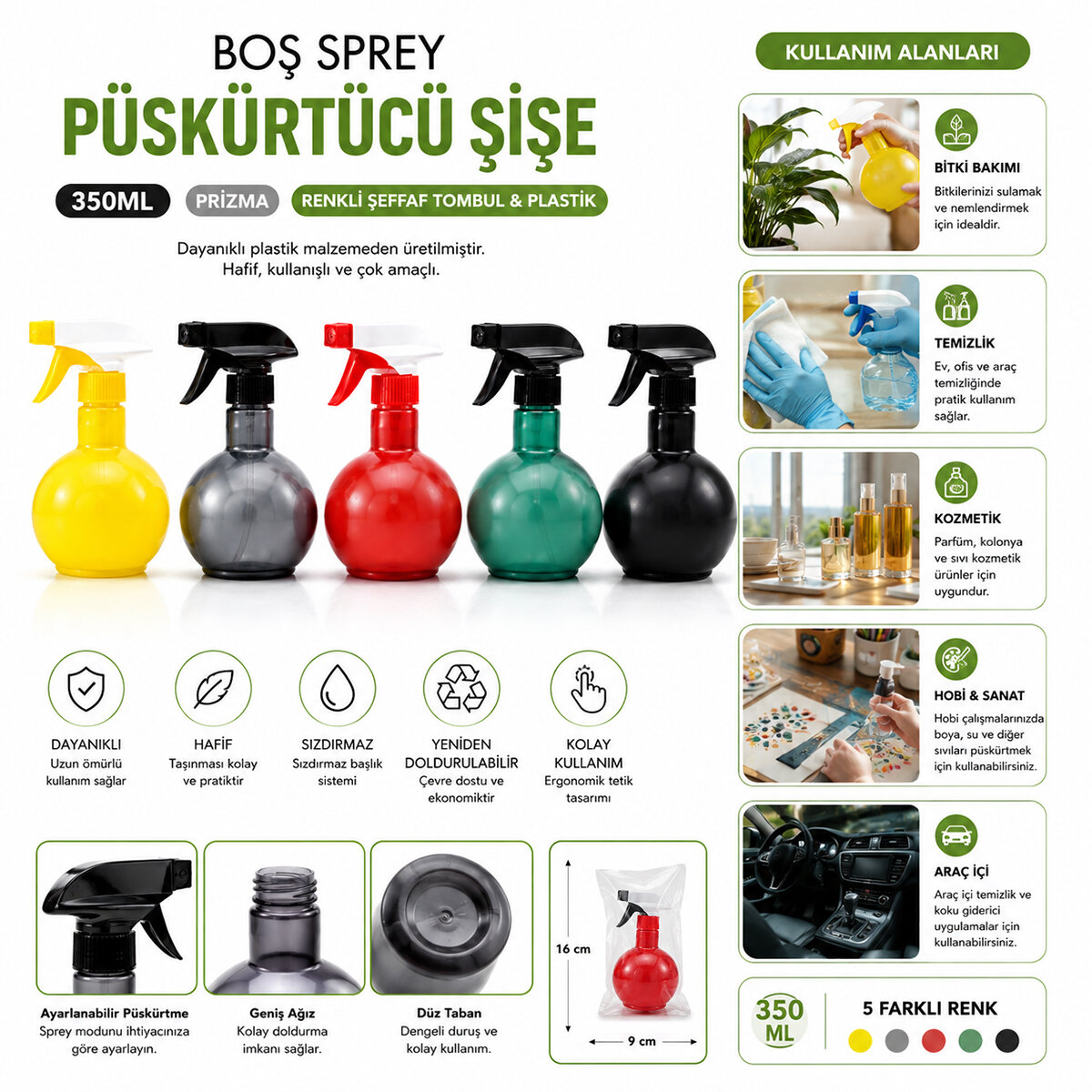 350ML PRİZMA RENKLİ ŞEFFAF TOMBUL - PLASTİK BOŞ SPREY PÜSKÜRTÜCÜ ŞİŞE