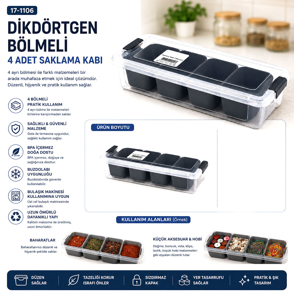 35X7CM ŞEFFAF KUTU - SİYAH BÖLME DİKDÖRTGEN BÖLMELİ SAKLAMA KAB