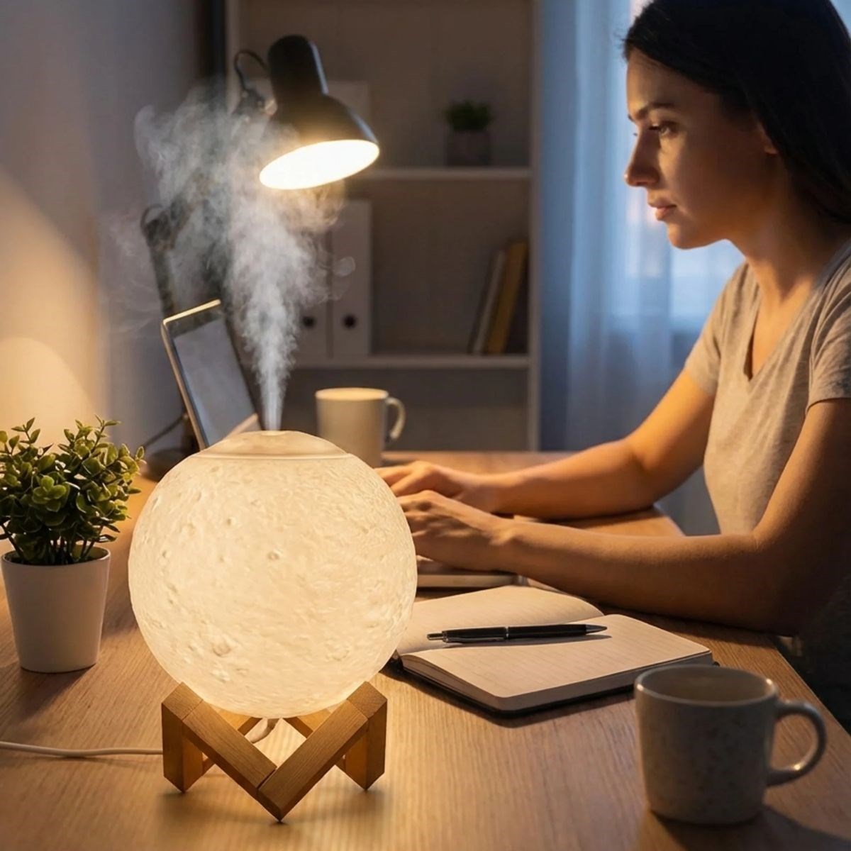 3D Ay Tasarımlı Su Yenilemeli USB Hava Nemlendiricisi – Dokunmatik, 3 Renk Işık Modlu (Gün Işığı / Beyaz / Sarı Işık) Gece Lambası