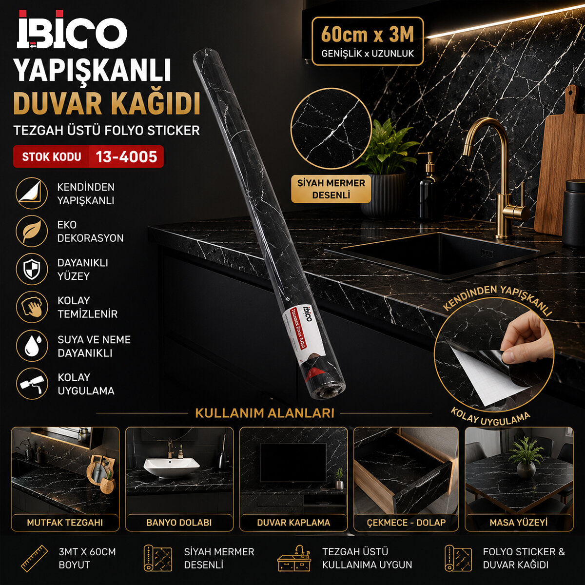 3MT X 60CM SİYAH MERMER DESENLİ TEZGAH ÜSTÜ FOLYO STİCKER - DUVAR KAĞIT KENDİNDEN YAPIŞKANLI - EKO DEKORASYON - DAYANIKLI