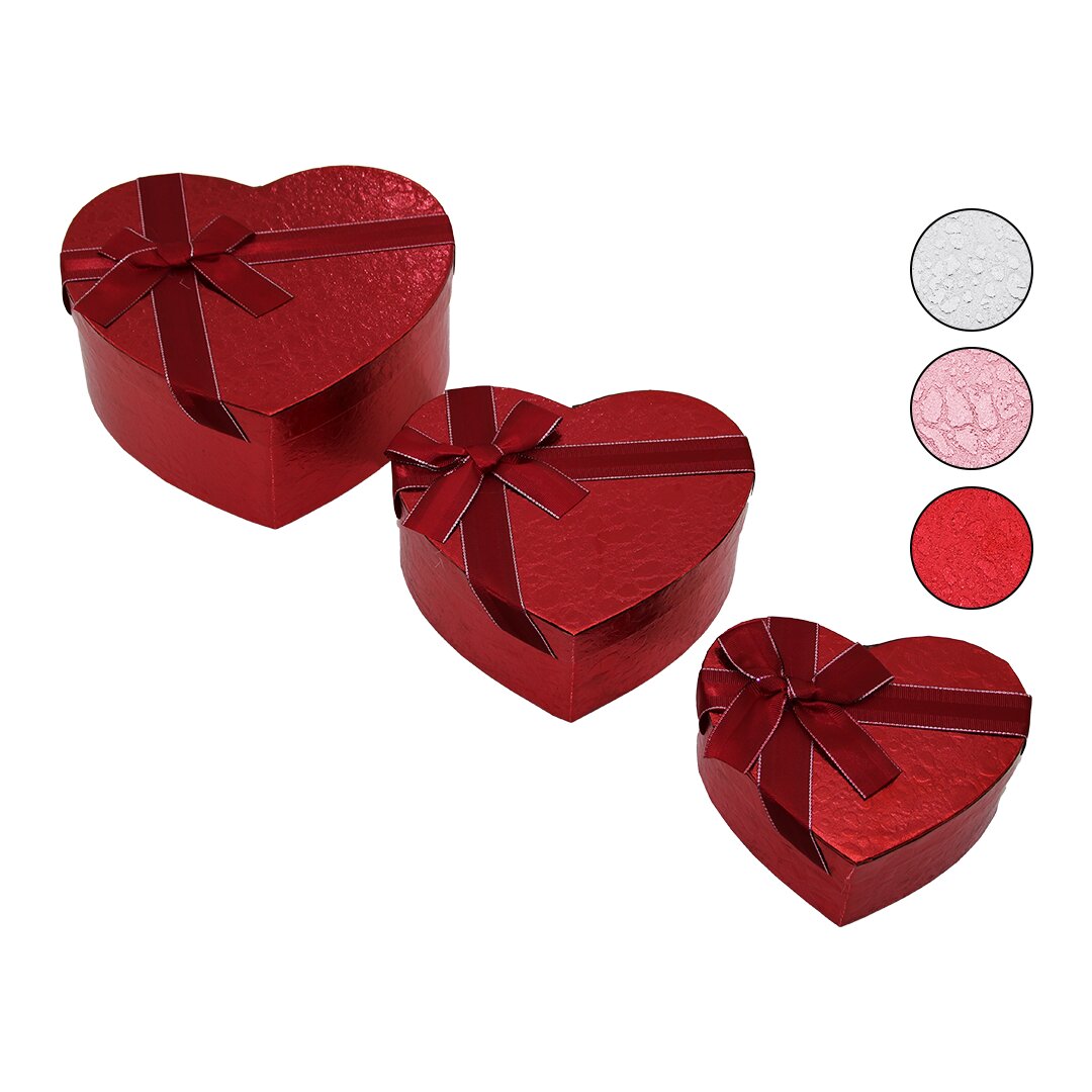3PCS   KALP  PARLAK RENKLİ - KABARTMA DESEN KARTON HEDİYE KUTUSU KURDELALI  15-18-21CM