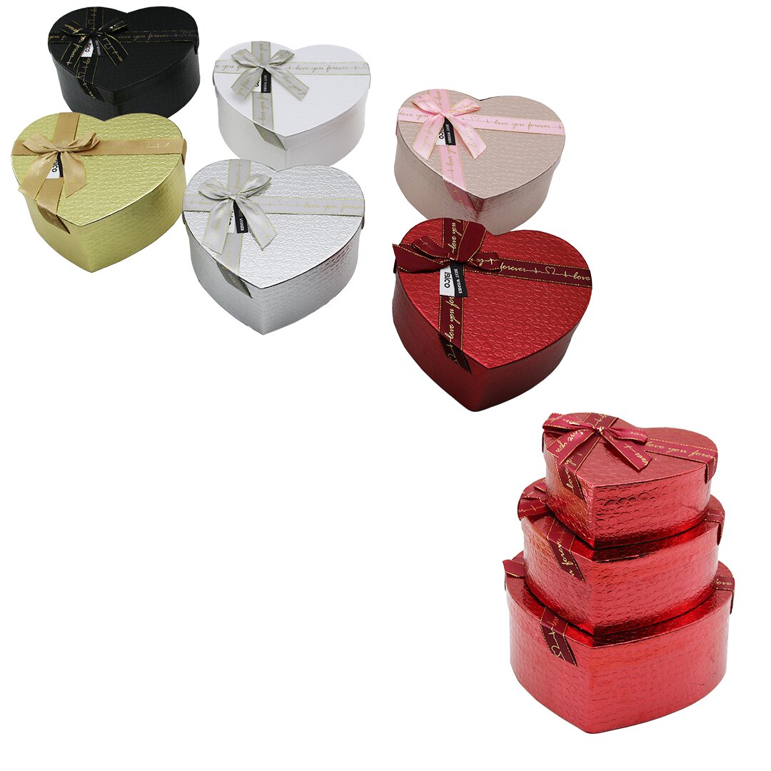 3PCS KALP PARLAK MİX RENKLİ - KABARTMA DESEN KARTON HEDİYE KUTUSU KURDELALI 22X20-19X17-16X14CM