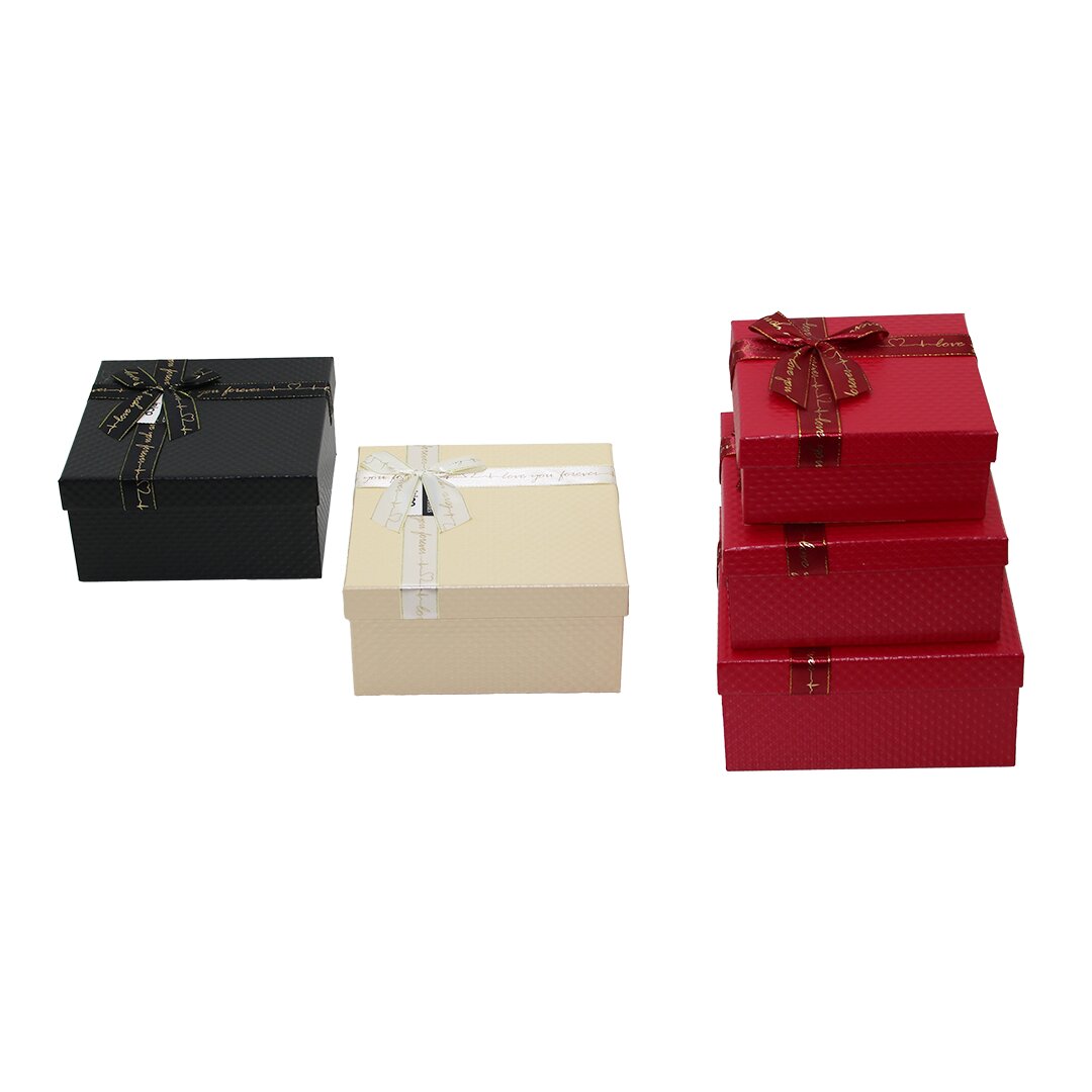 3PCS KARE MAT MİX RENKLİ - KABARTMA DESEN KARTON HEDİYE KUTUSU KURDELALI 19-17-15CM