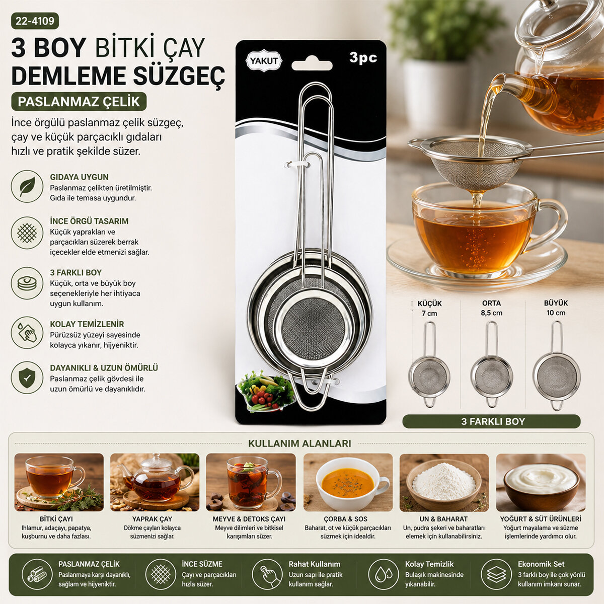 3PCS SET MİNİ= 5-7-8CM TEL SÜZGEÇ METAL ÇERÇECE METAL SAP=8.5-10.5-10.5CM