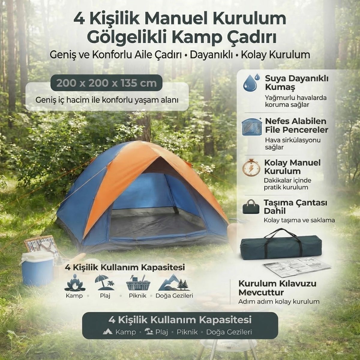 4 Kişilik Manuel Kurulum Gölgelikli Kamp Çadırı – Aile, Doğa, Piknik ve Outdoor 200x200x135 cm