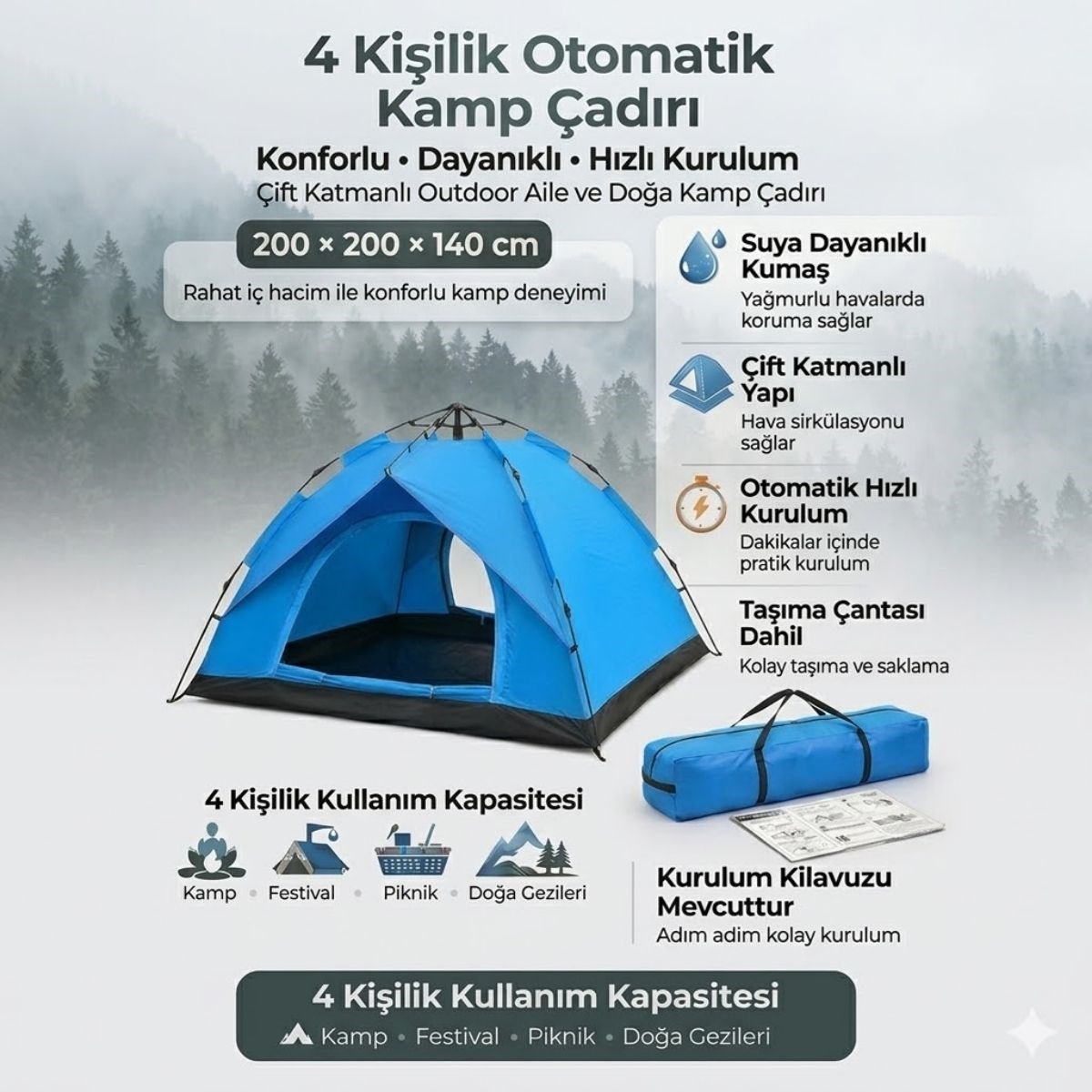 4 Kişilik Otomatik Kamp Çadırı – Çift Katmanlı, Suya Dayanıklı, Hızlı Kurulum Outdoor Aile ve Doğa Çadırı 200x200x140 cm