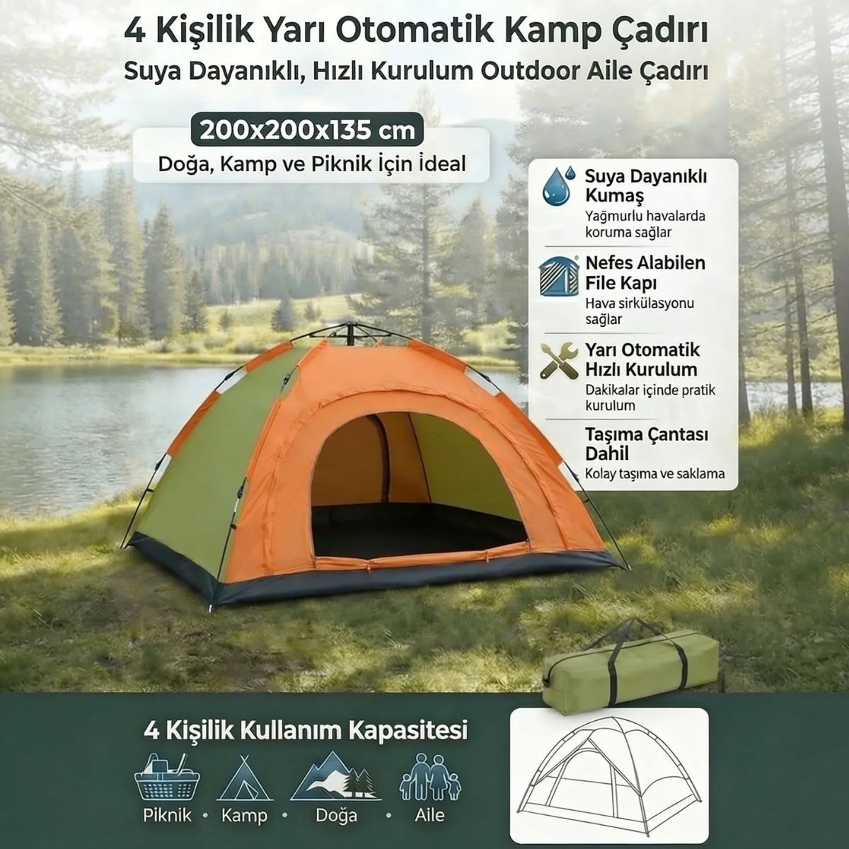 4 Kişilik Yarı Otomatik Kamp Çadırı – Suya Dayanıklı, Hızlı Kurulumlu Outdoor Aile Çadırı, Doğa, Kamp ve Piknik 200x200x135 cm