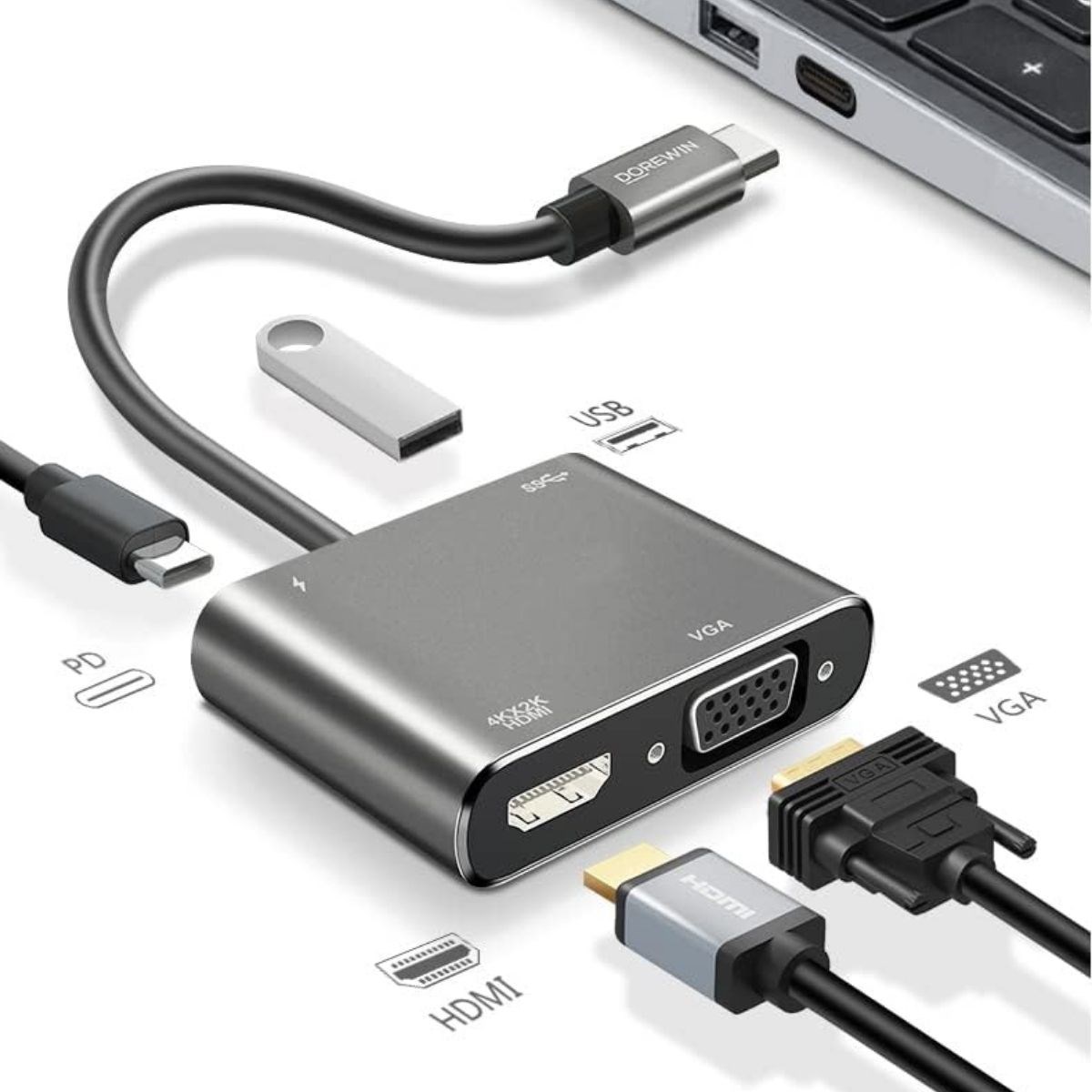 4’ü 1 Arada Type-C to Hub Dönüştürücü Adaptör – 4K Ultra HD HDMI &amp; VGA Görüntü Aktarımı, PD Hızlı Şarj Destekli, USB Çoklayıcı