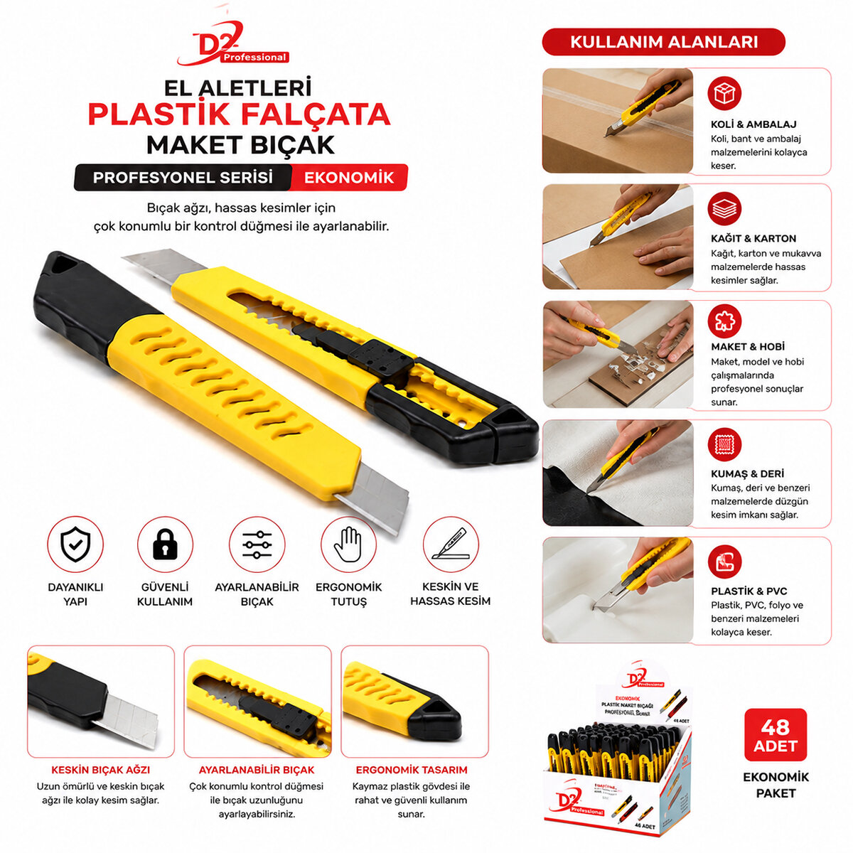 48 ADET EKO PLASTİK FALÇATA MAKET BIÇAK SARI