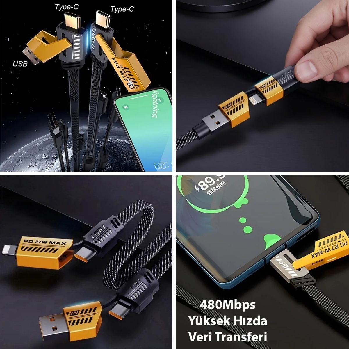 4in1 65W Hızlı Şarj Kablosu – Type-C to USB-A + Type-C to Lightning, 27W PD Destekli Çoklu Şarj Kablo