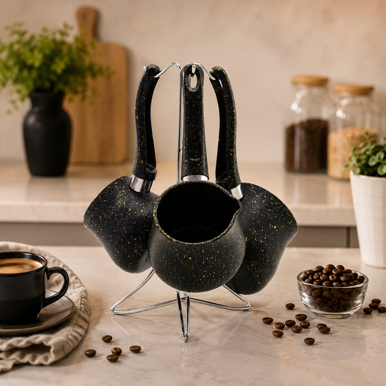 4PCS 230-280-380ML GRANİT - ÇELİK CEZVE RENKLİ METAL STANDLI