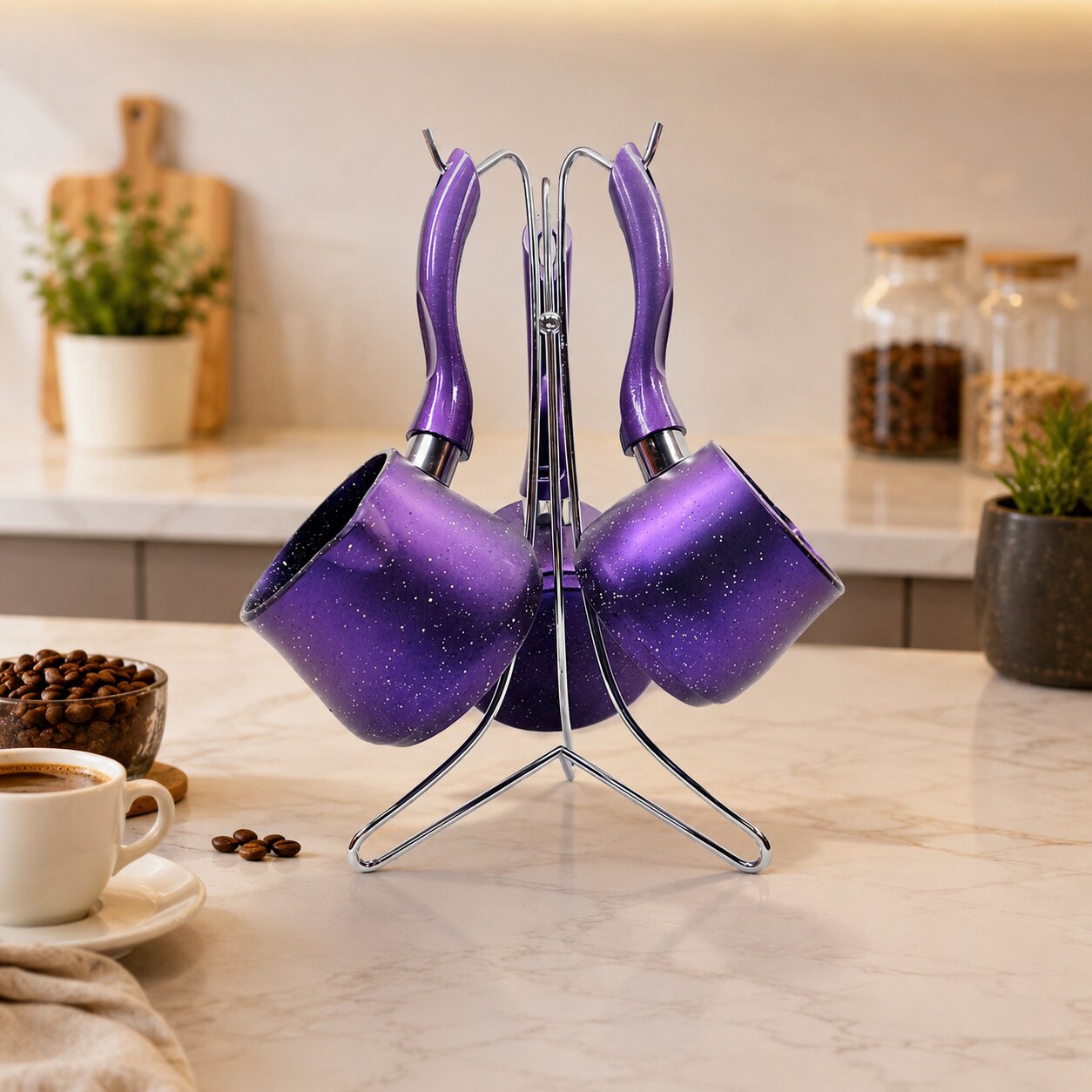 4PCS 230-280-380ML GRANİT - ÇELİK CEZVE RENKLİ METAL STANDLI