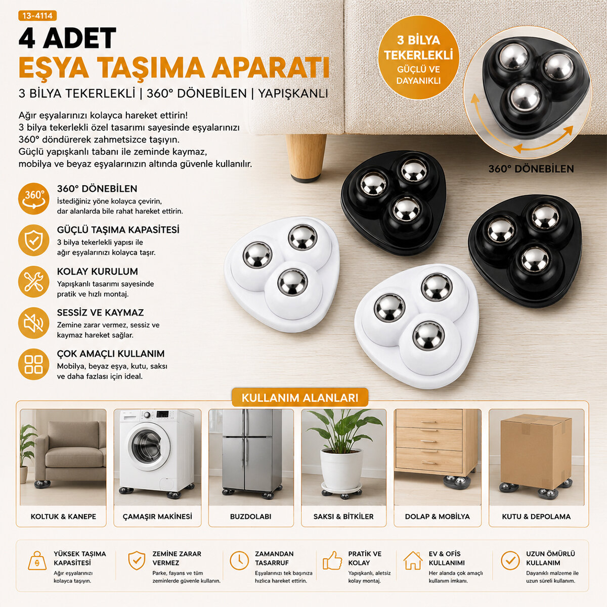 4PCS 3 BİLYA TEKERLEKLİ POŞETLİ MOBİLYA EŞYA TAŞIMA APARATI 360°