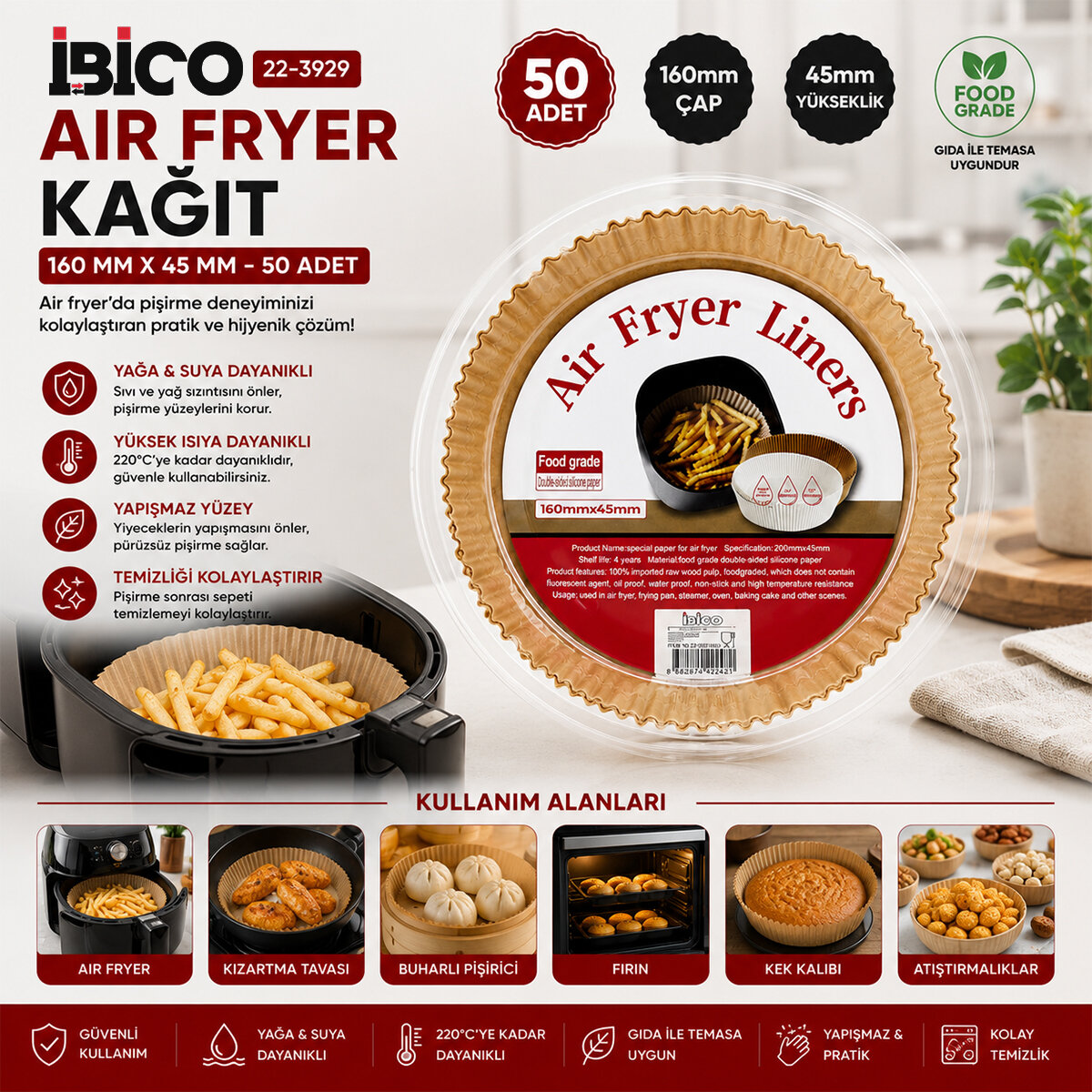 50PCS YUVARLAK TABAN: 16CM - KENAR: 4.5CM AİR FRYER PİŞİRME KALIP KAĞIT