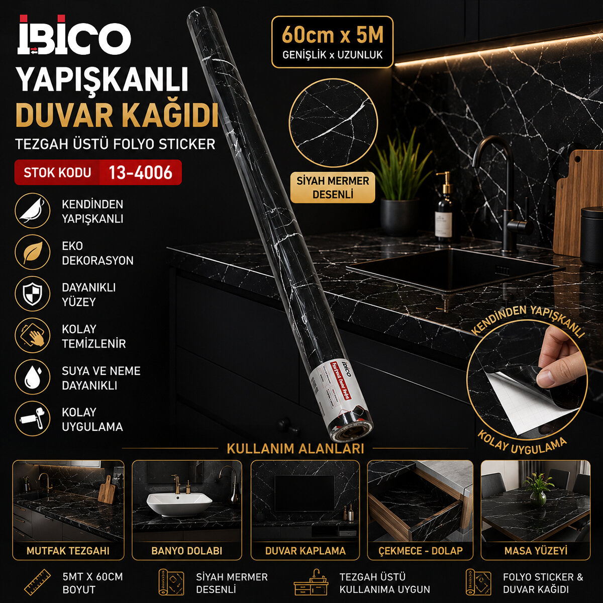 5MT X 60CM SİYAH MERMER DESENLİ TEZGAH ÜSTÜ FOLYO STİCKER - DUVAR KAĞIT KENDİNDEN YAPIŞKANLI - EKO DEKORASYON - DAYANIKLI