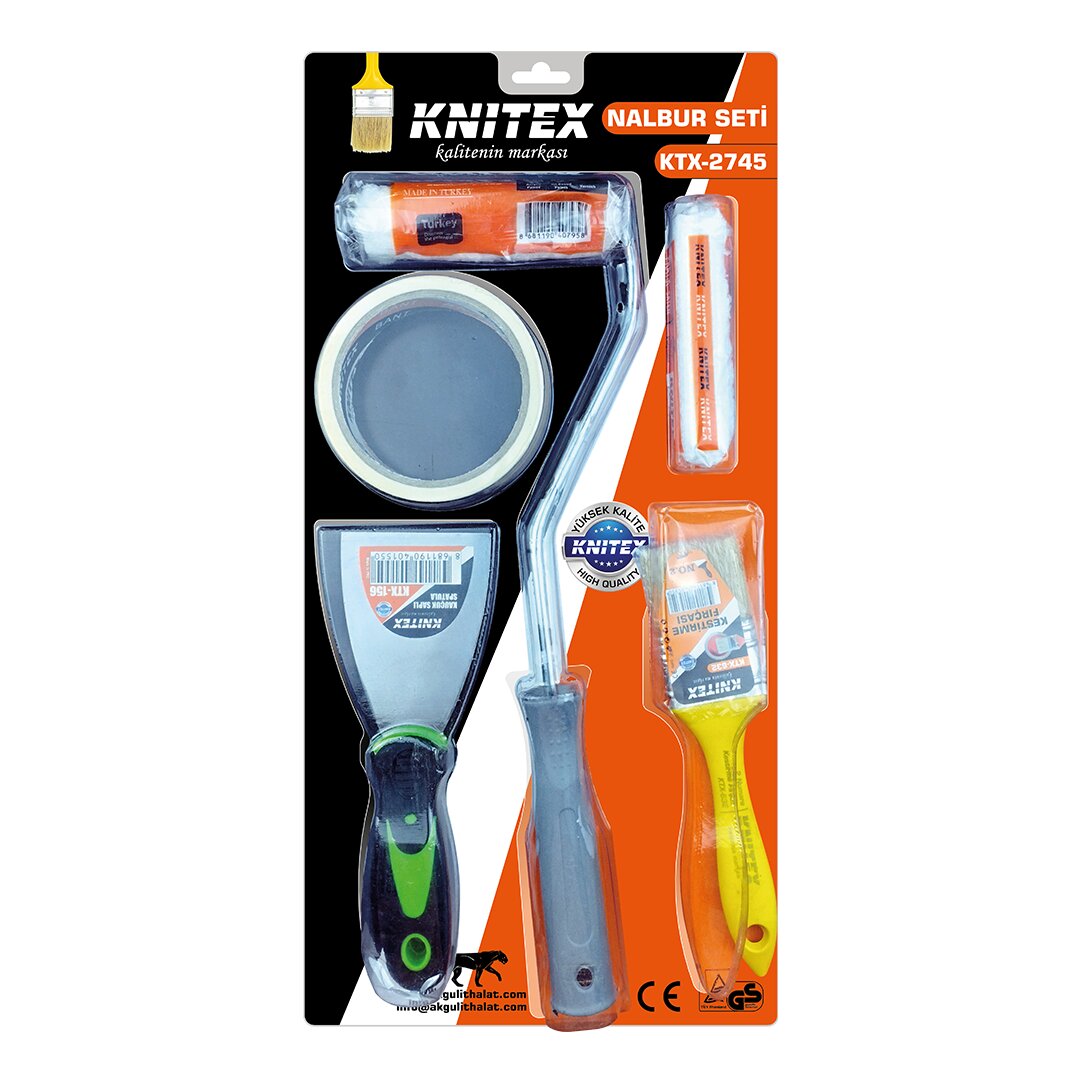 5PCS  BOYACI - NALBUR SET  SPATULA - KESTİRME FIRÇA - YEDEK RULO - BANT - 10CM FIRÇA