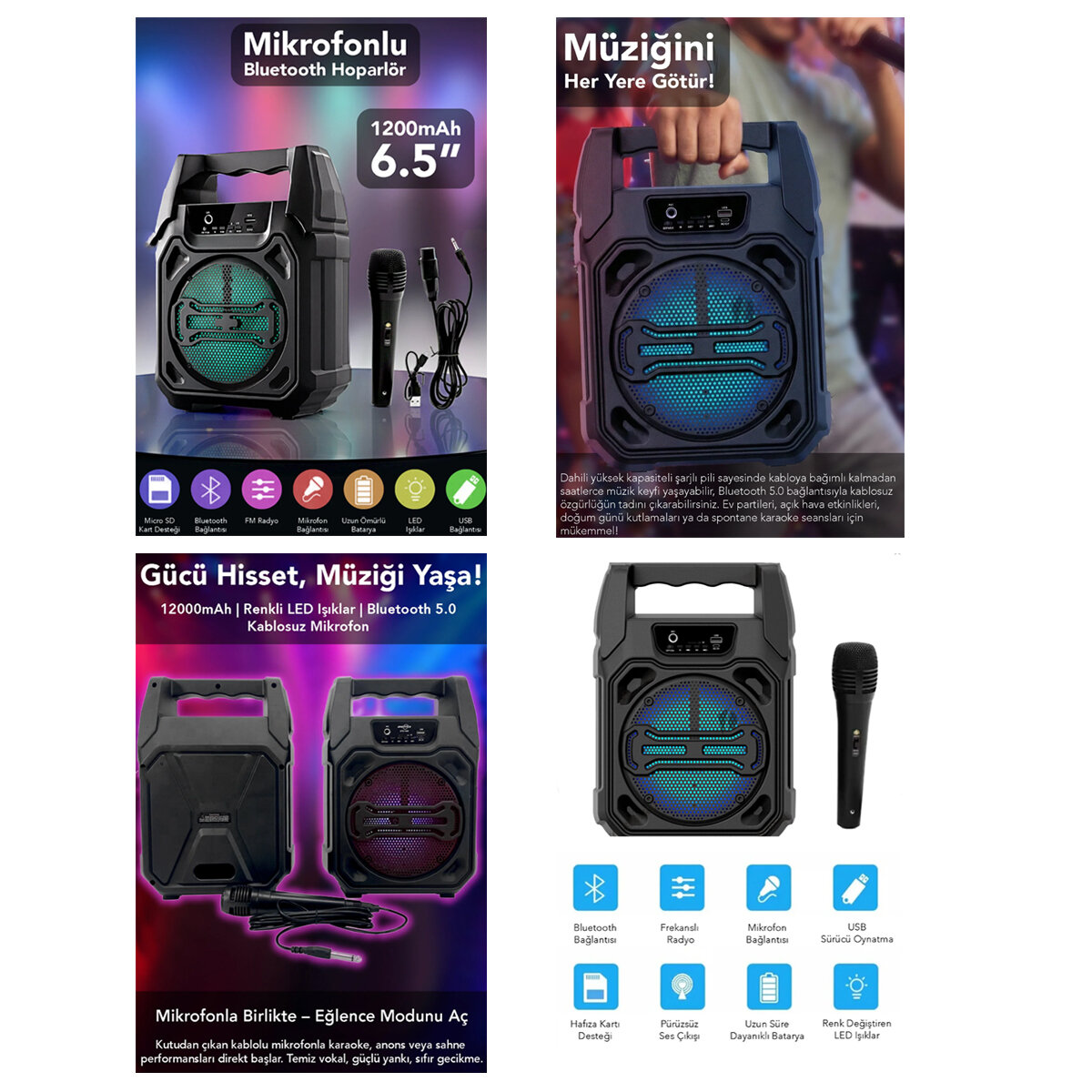 6.5 INC BLUETOOTH WİRELESS MİKROFONLU HOPARLÖR - SPEAKER USB SARJLI AUX - TF - USB PS-1283