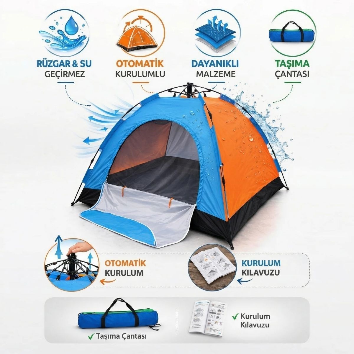 6 Kişilik Otomatik Kurulum Kamp Çadırı – Outdoor Aile, Doğa, Suya Dayanıklı Hızlı Kurulum Çadır 220x250x160 cm