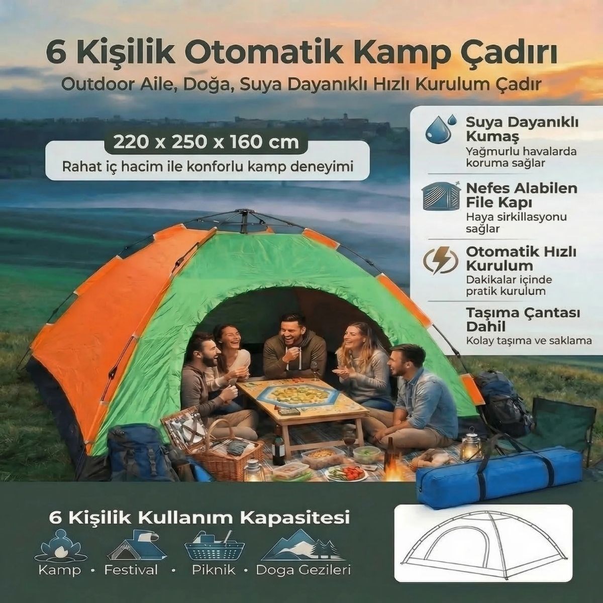 6 Kişilik Otomatik Kurulum Kamp Çadırı – Outdoor Aile, Doğa, Suya Dayanıklı Hızlı Kurulum Çadır 220x250x160 cm