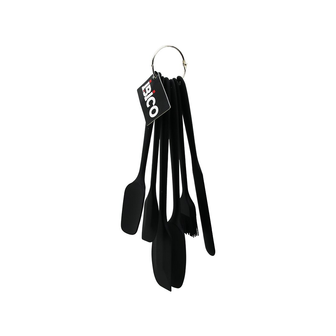 6PCS  SİLİKON - SİYAH MUTFAK SETİ 2 KAŞIK - 3 SPATULA - YUMURTA FIRÇA  METAL ASMA HALKALI