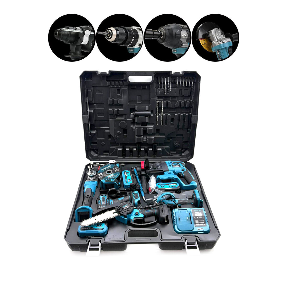 6PCS USTA ELEKTRİKLİ ALET SETİ ŞARJLI=21V SPRAL TAŞLAMA - HİLTİ - BAĞ MAKAS - SOMUN SÖKME - DARBELİ VİDALAMA - BUDAMA TESTERE PLASTİK ÇANTAL ASR-1111