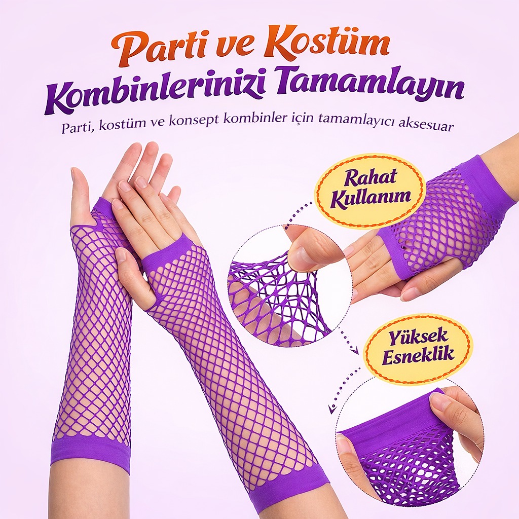 80’ler 90’lar Retro Mor File Parmaksız Eldiven 26 cm