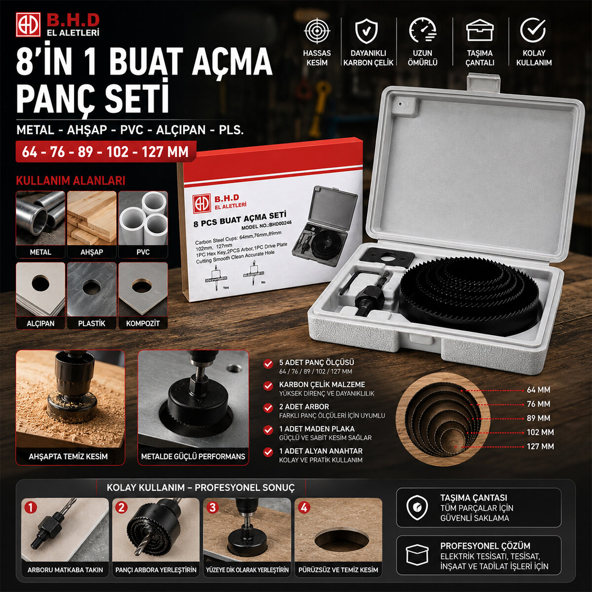 8İN1 BUAT AÇMA PANÇ SETİ METAL - AHŞAP - PVC - ALÇIPAN - PLS. 64-73-89-102-127MM KTX-3243