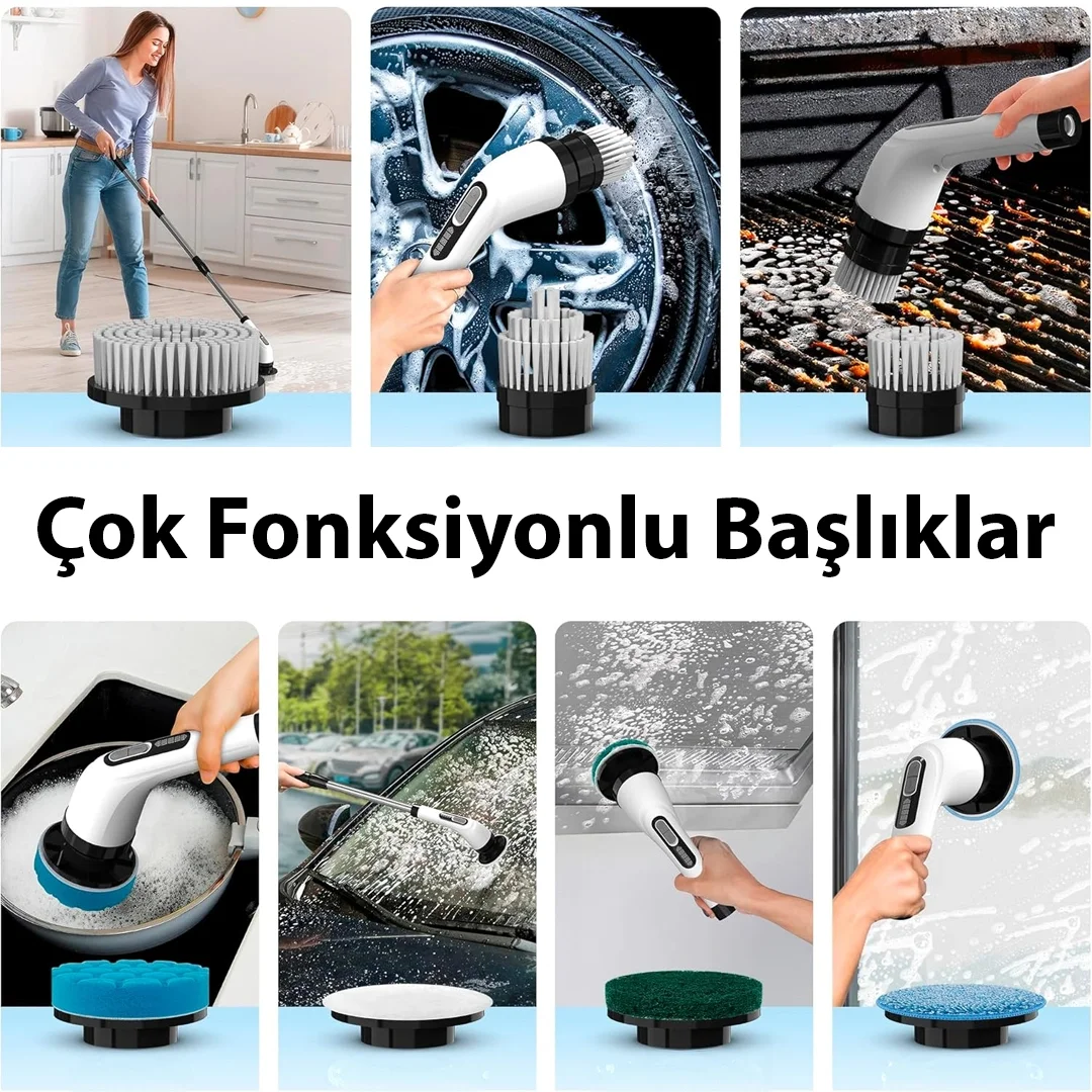 9'u 1 Arada Çok Amaçlı Kablosuz Şarjlı Temizlik Fırçası IP67 Yıkanabilir Başlık