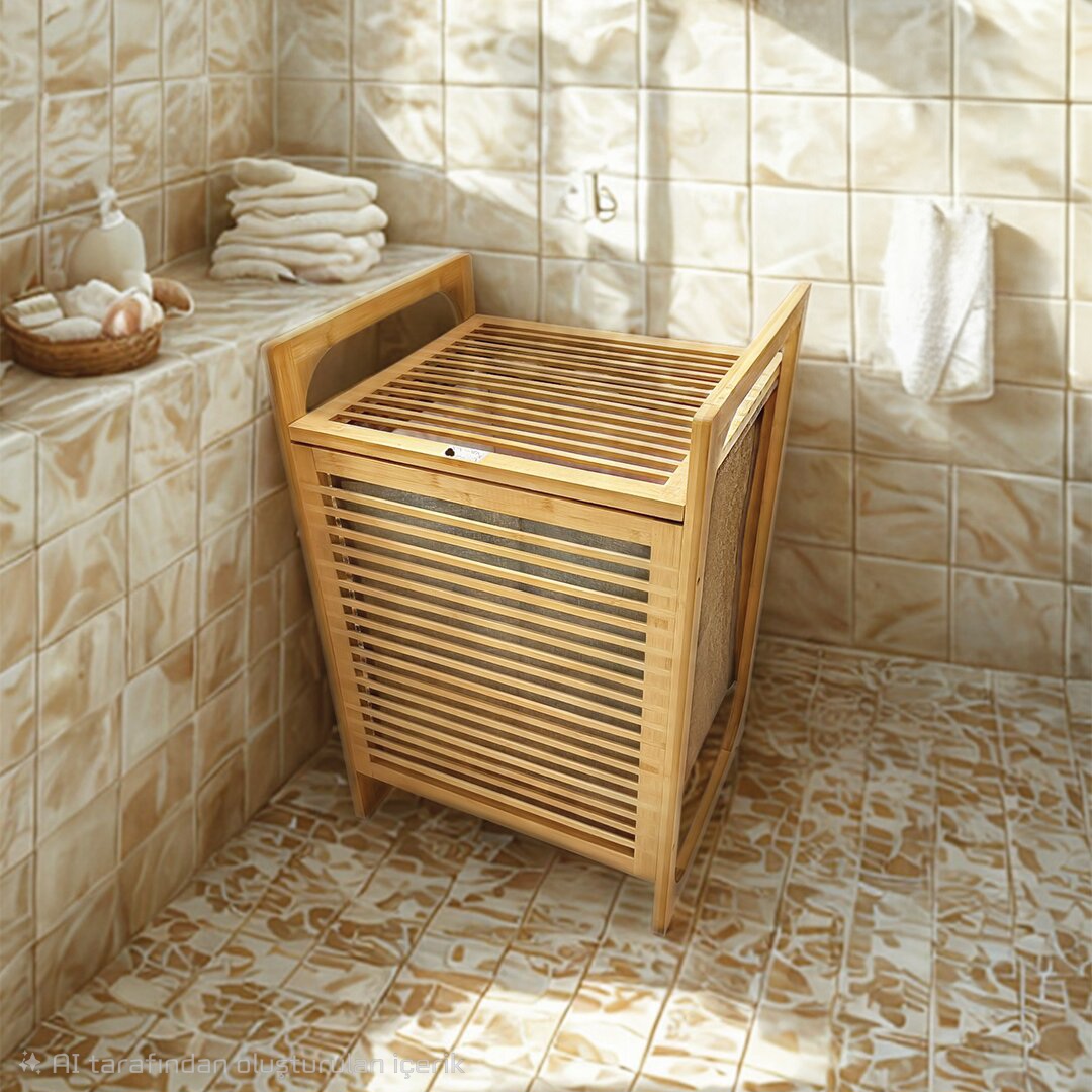 AHŞAP BAMBU KİRLİ ÇAMAŞIR SEPET KUMAŞ ÇANTALI SEPET=40X35X60CM
