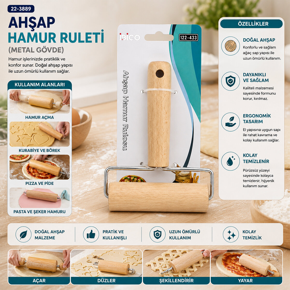 AHŞAP HAMUR RULETİ METAL GÖVDE