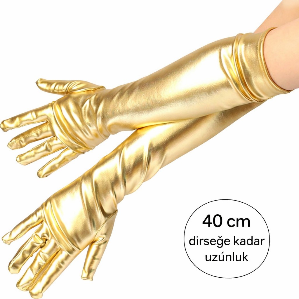 Altın Renk Dirsek Altı Lüks Saten Eldiven 40 cm