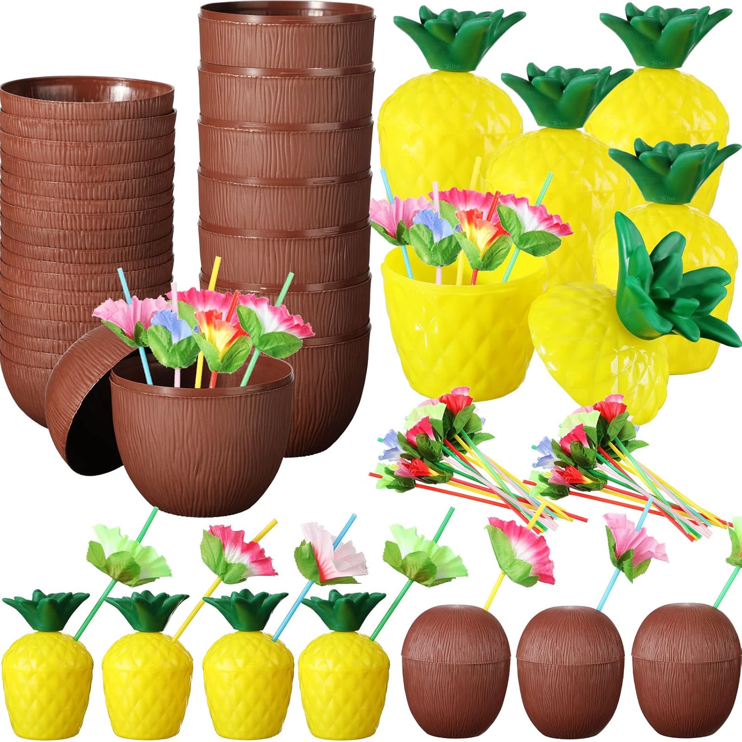 Ananas &amp;amp; Hindistan Cevizi Tasarımlı Pipetli Bardak Seti (6 Adet)