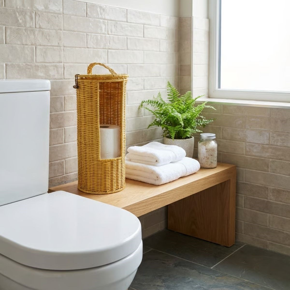 Askılı Plastik Rattan Tuvalet Kâğıdı Standı – Hasır Görünümlü, Kapaklı, Yedekli WC Kâğıtlık, Banyo ve Tuvalet İçin Dekoratif Organizer