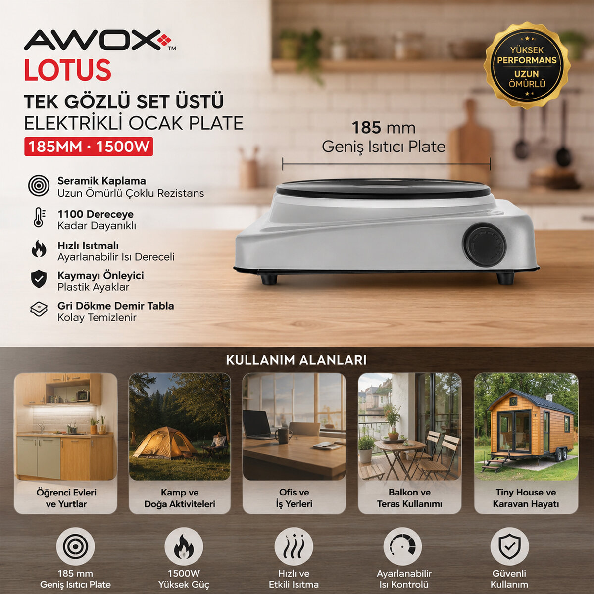 AWOX LOTUS TEK GÖZLÜ ELEKTRİKLİ OCAK PLATE 185MM.1500W