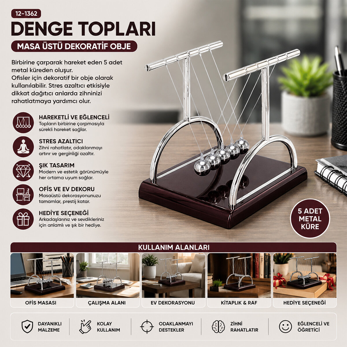 BALANCE BALLS BÜYÜK NEWTON - METAL DENGE TOPLARI MASA ÜSTÜ
