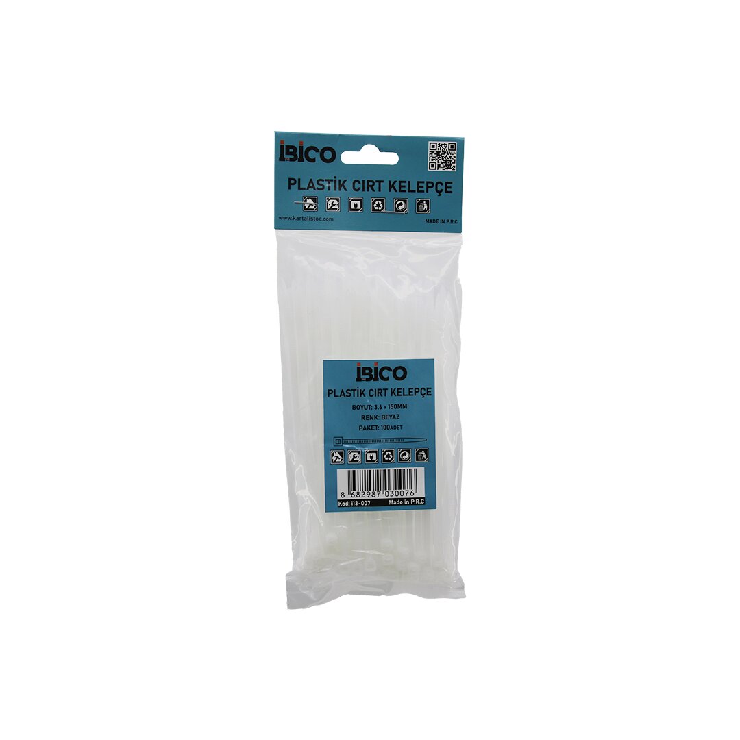 BEYAZ   3.6X150MM  PLASTİK CIRT KELEPÇE  100PCS