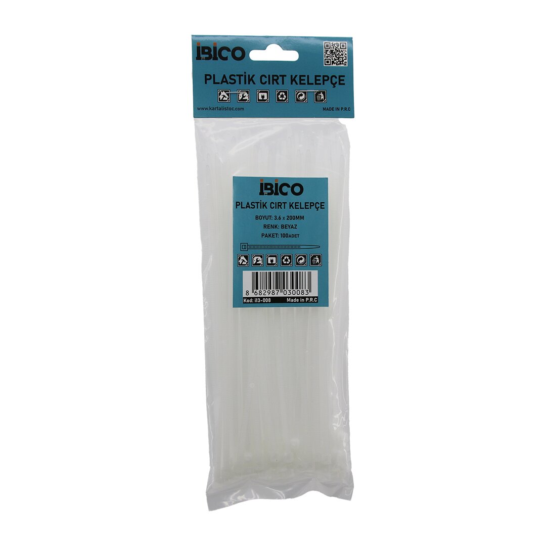BEYAZ   3.6X200MM  PLASTİK CIRT KELEPÇE  100PCS