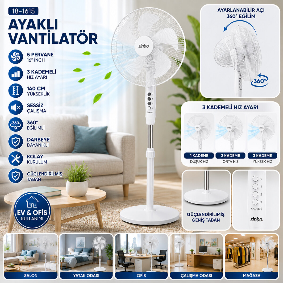 BEYAZ 5 PERVANE - 16 INC EV - OFİS KOMPAKT - SESSİZ - ÜÇ KADEME 140CM YÜKSEKLİK AYAKLI VANTİLATÖR SF-6789