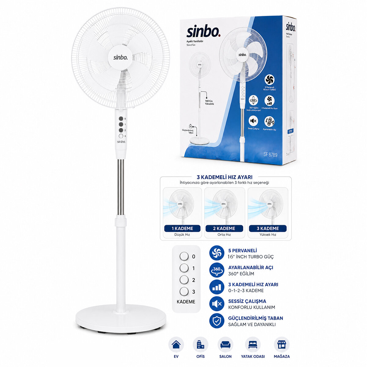 BEYAZ 5 PERVANE - 16 INC EV - OFİS KOMPAKT - SESSİZ - ÜÇ KADEME 140CM YÜKSEKLİK AYAKLI VANTİLATÖR SF-6789