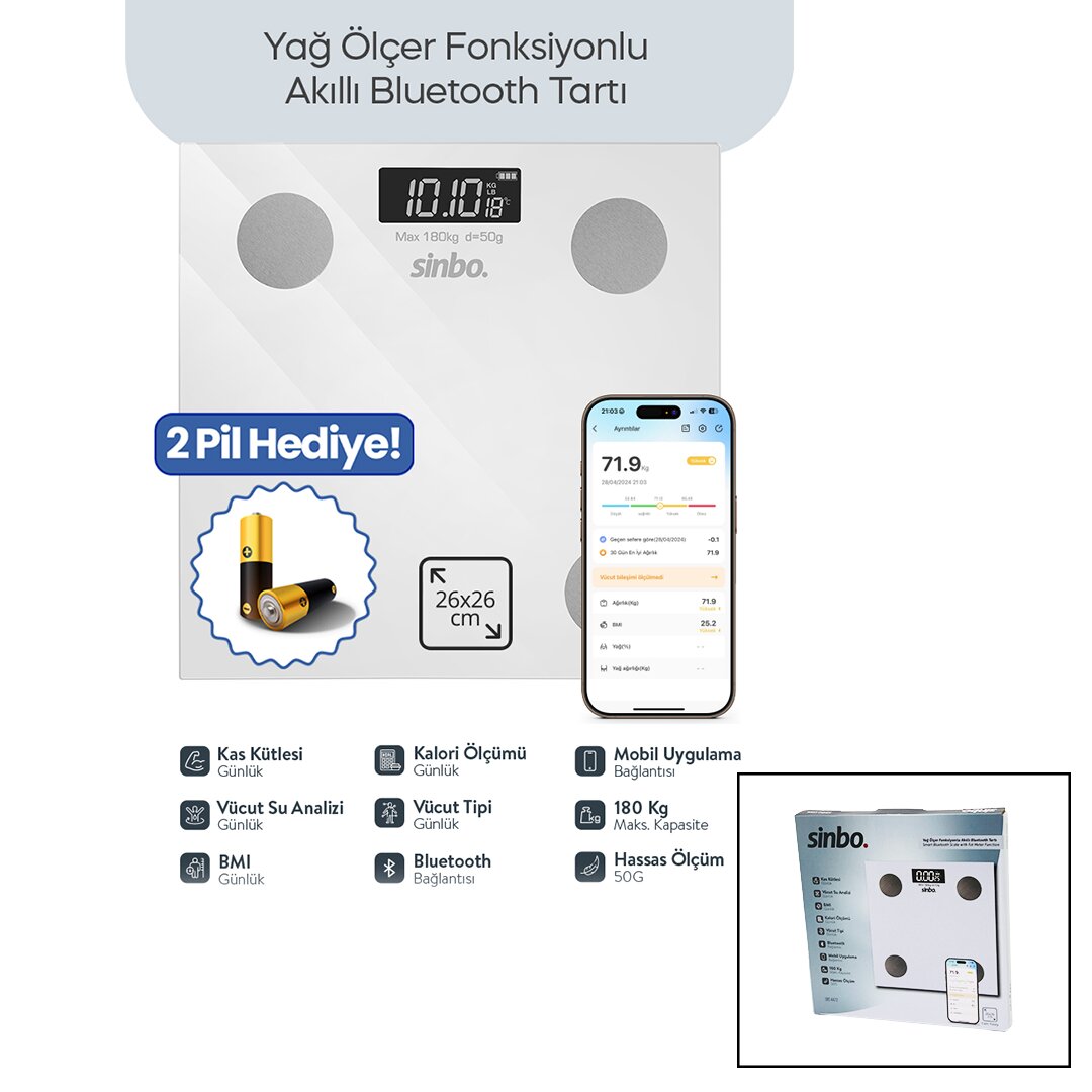 BEYAZ YAĞ ÖLÇER AKILLI BLUETOOTH CAM BASKÜL PİLLİ 180KG/50GR 26X26CM 8-KİŞİ HAFIZA LCD EKRAN ℃ GÖSTERGE SBS-4472