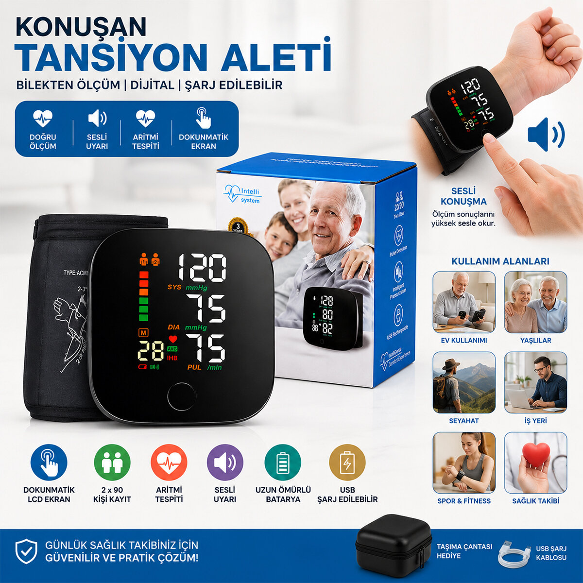 BİLEK ÖLÇÜM 7X8.3CM USB SARJLI - DİJİTAL KONUŞAN TANSİYON ALETİ BK-606