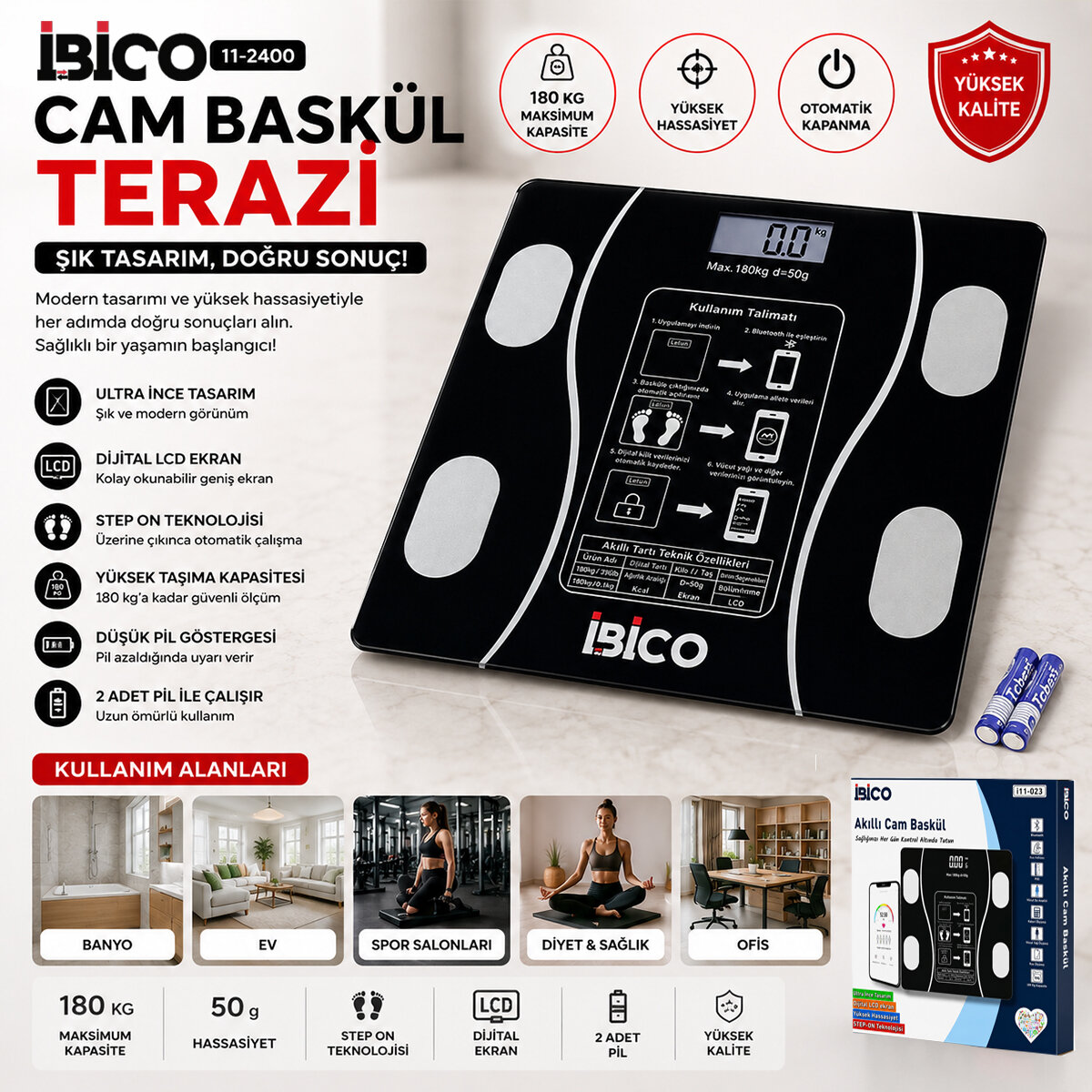 BLUETOOTH - VÜCUT ANALİZLİ DİJİTAL BASKÜL TERAZİ TARTI 180KG/50G YAĞ - SU - KAS ORAN - BMI İ11-023