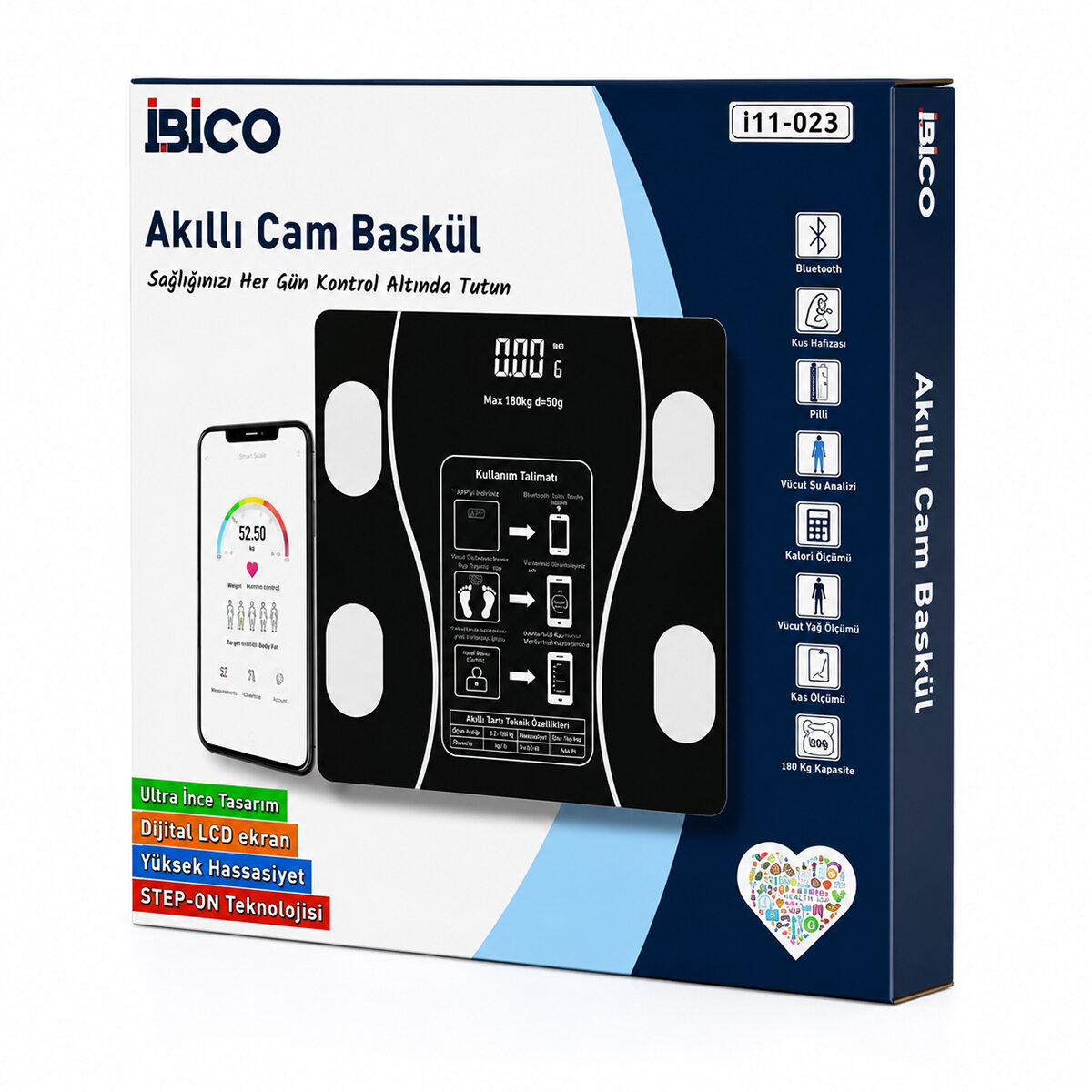 BLUETOOTH - VÜCUT ANALİZLİ DİJİTAL BASKÜL TERAZİ TARTI 180KG/50G YAĞ - SU - KAS ORAN - BMI İ11-023
