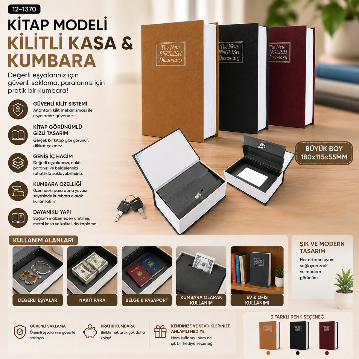 BÜYÜK=180X115X55MM KİTAP MODELİ KİLİTLİ KASA - KUMBARA RENKLİ