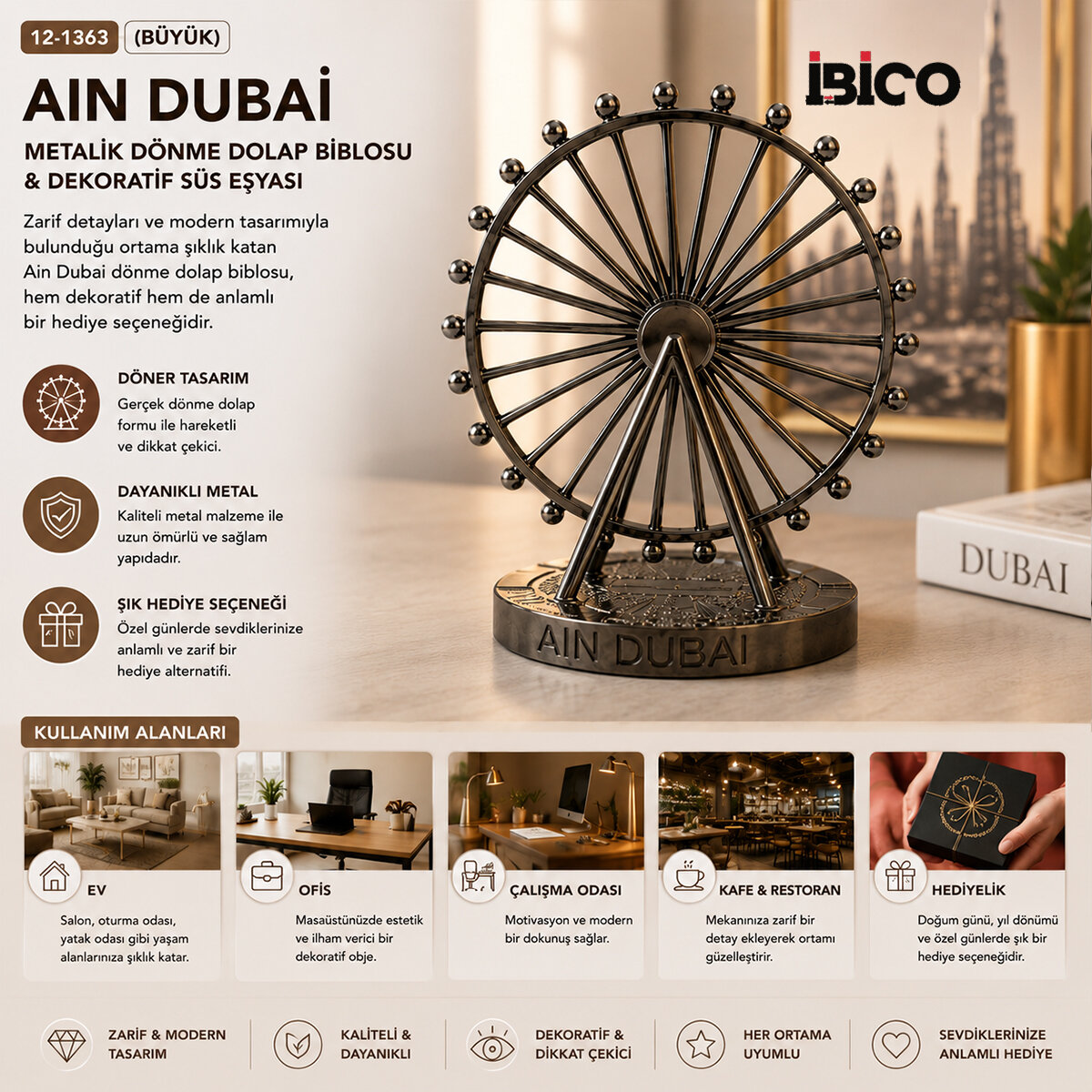 BÜYÜK AIN DUBAİ METALİK DÖNME DOLAP BİBLOSU - DEKORATİF SÜS EŞYASI KROM - BAKIR