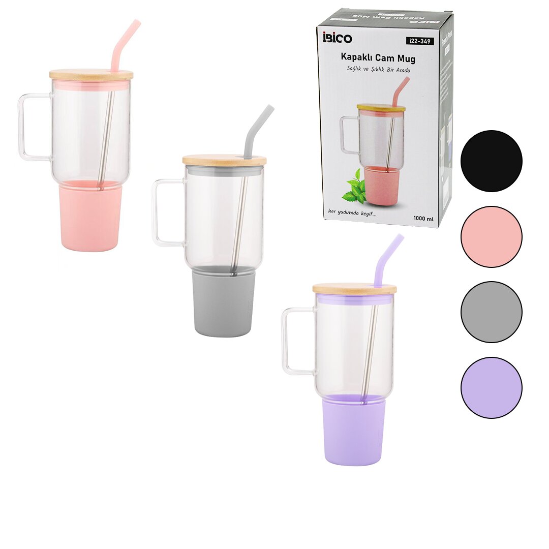 CAM 1000ML MATARA - SULUK BAMBU KAPAK - SIZDIRMAZ SİLİKONLU ÇELİK PİPET KORUYUCU SİLİKON ALTLIK - KILIF