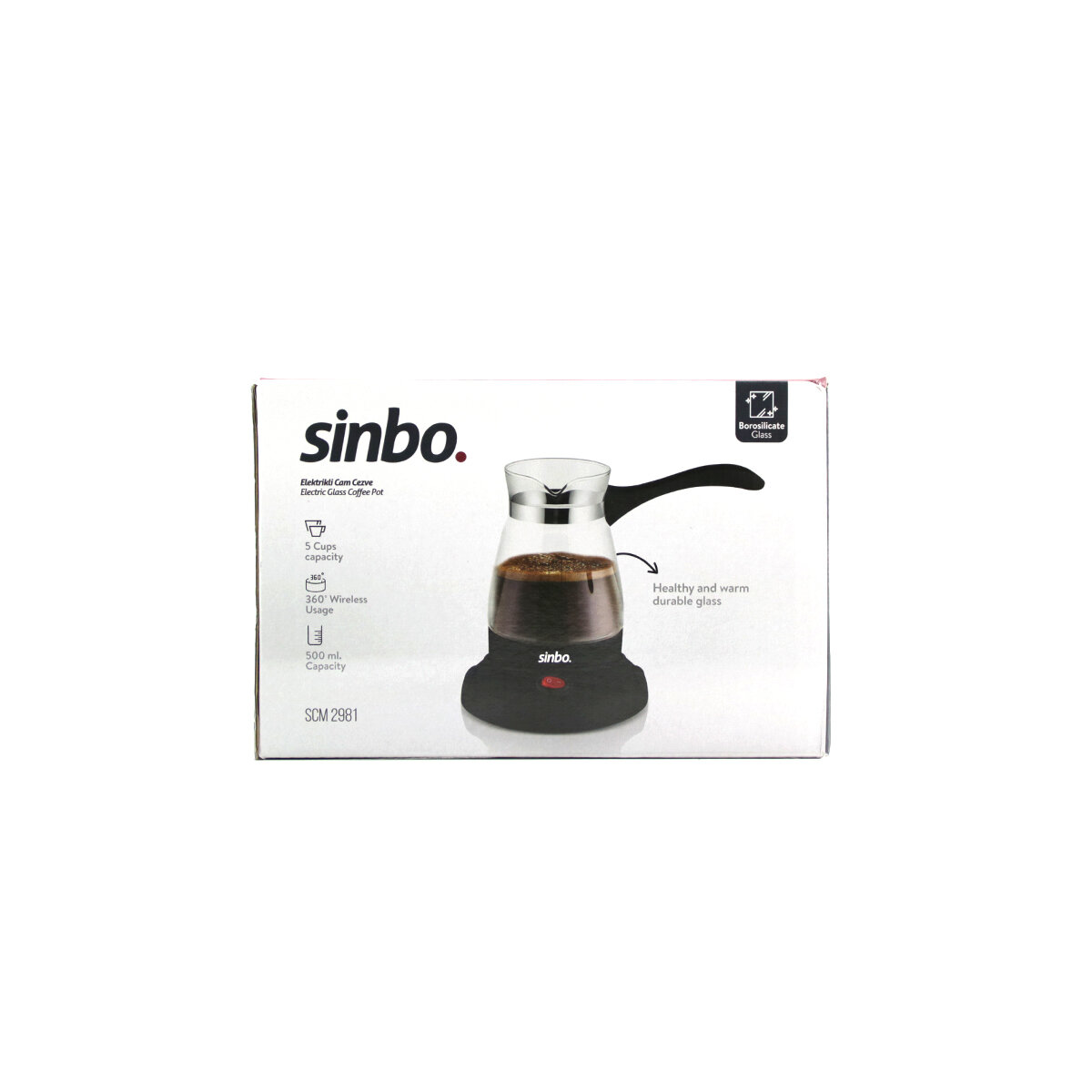 CAM ELEKTRİKLİ CEZVE TÜRK KAHVE MAKİNESİ - 5FİNCAN=500ML KABLOSUZ KULLANIM- 360°DÖNER 600W SCM-2981