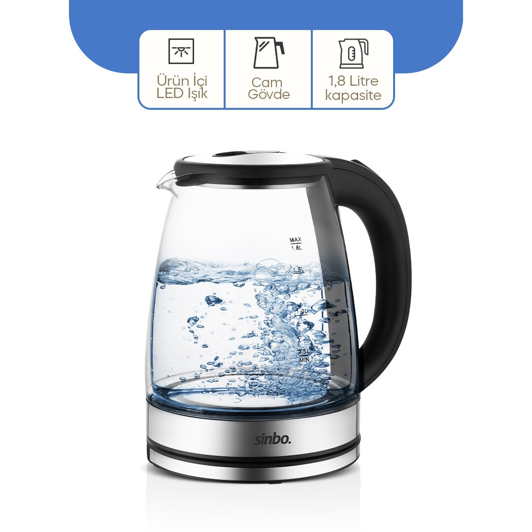 CAM - LEDLİ KETTLE 1.8LT  GİZLİ REZİSTANS - KABLOSUZ 360 DERECE GÖVDE 1500W SK-8033