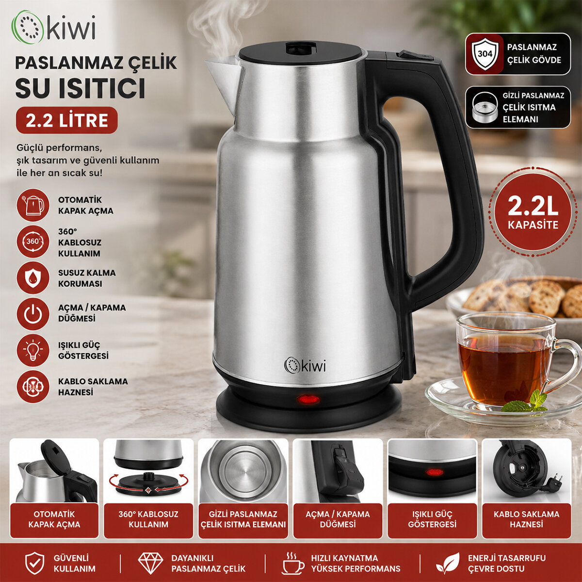 ÇELİK - SÜRAHİ MODEL KETTLE ELEKTRİKLİ SU ISITICISI PASLANMAZ ÇELİK GİZLİ REZİSTANS 360° 2.2LT 1500W KK-3334